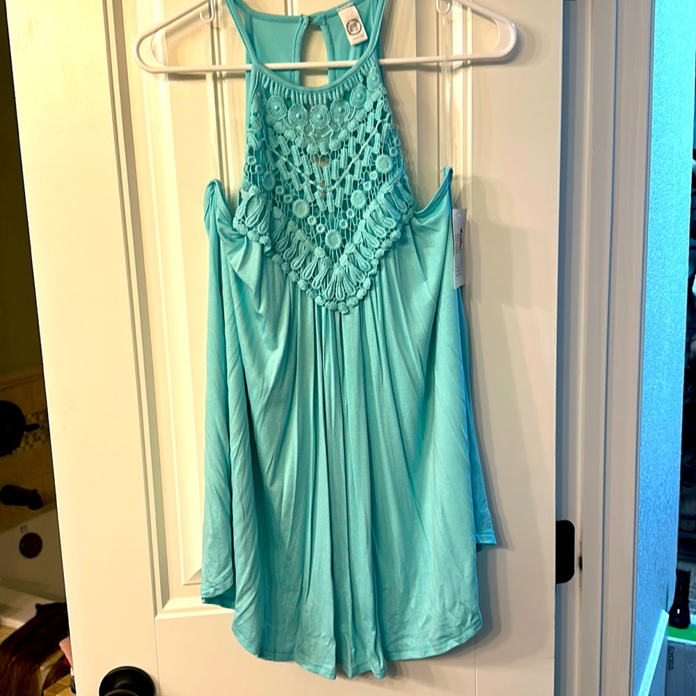 Turquoise tank top, from saved by the dress, size large, 95% rayon/ 5% nylon